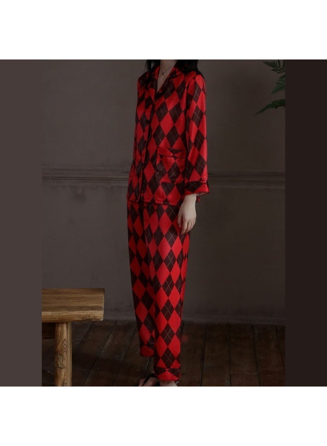 Unisex Satin Pajama Set for Men & Women, Matching Couple Sleepwear, Long Sleeve Button-Down Shirt & Pants, Silky Soft Nightwear, Red Diamond Print -MG11 - Image 5